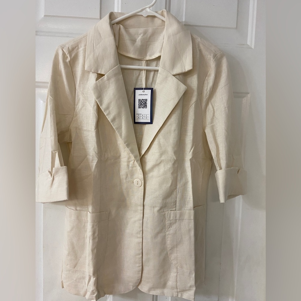 NWT Jofemuho Beige/Tan/Off White Blazer/Jacket, 3/4 length sleeve, Linen Blend